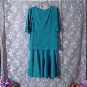 Vintage 80s Dress Size XL 1980s Turquoise Cocktail Drop Waist Glam Flapper Retro